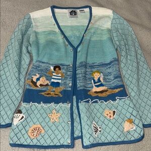 Storybook Knits Blue and White Beach Scene Sweater
